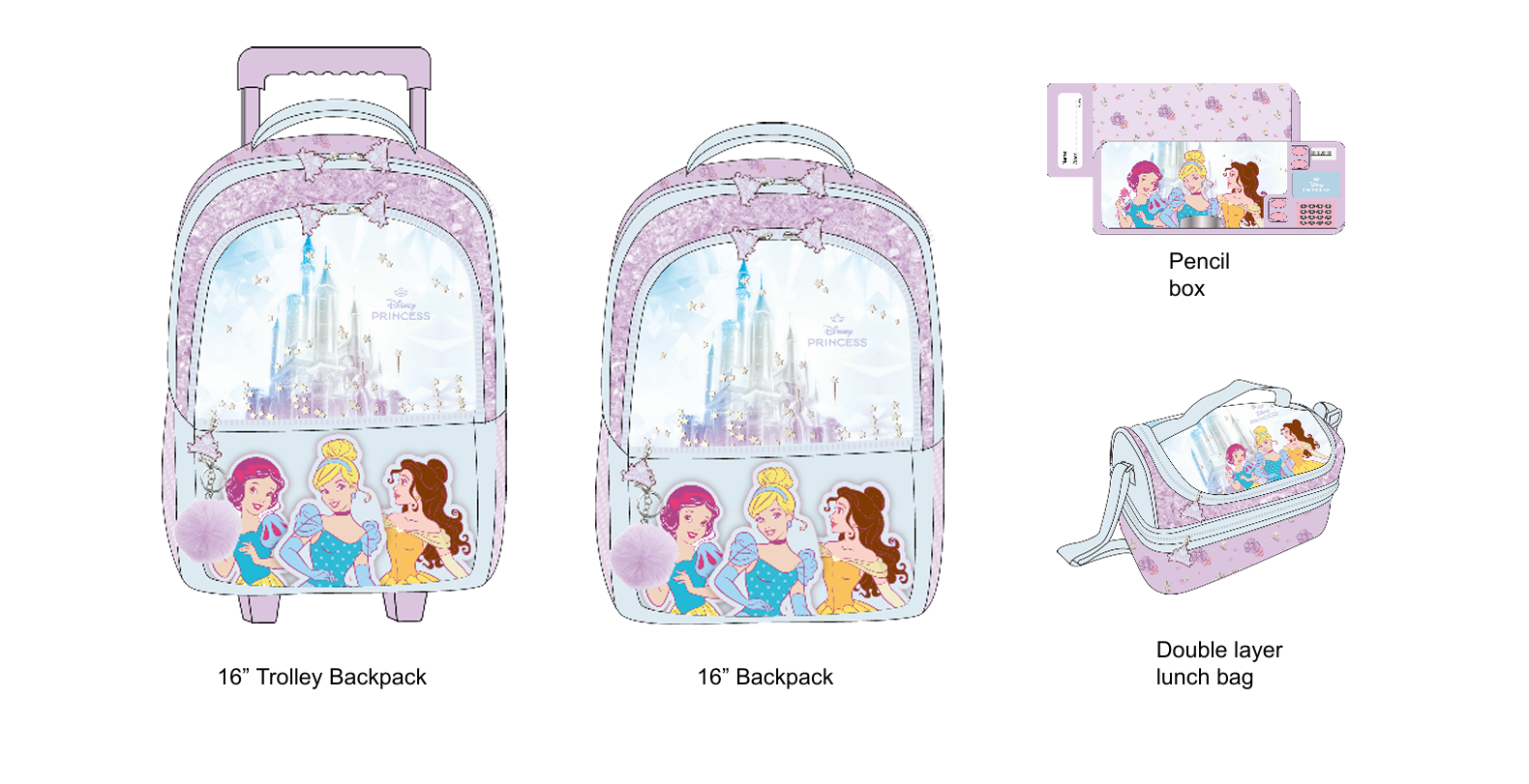 Disney Princess - Castle complete set - trolley backpack, backpack, lunch bag, and pencil case