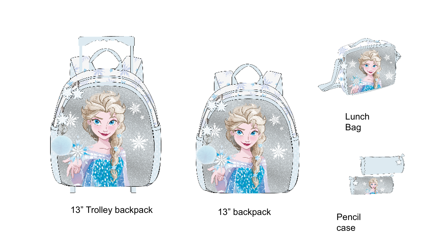 Frozen - Elsa Glitter complete set - trolley backpack, backpack, lunch bag, and pencil case