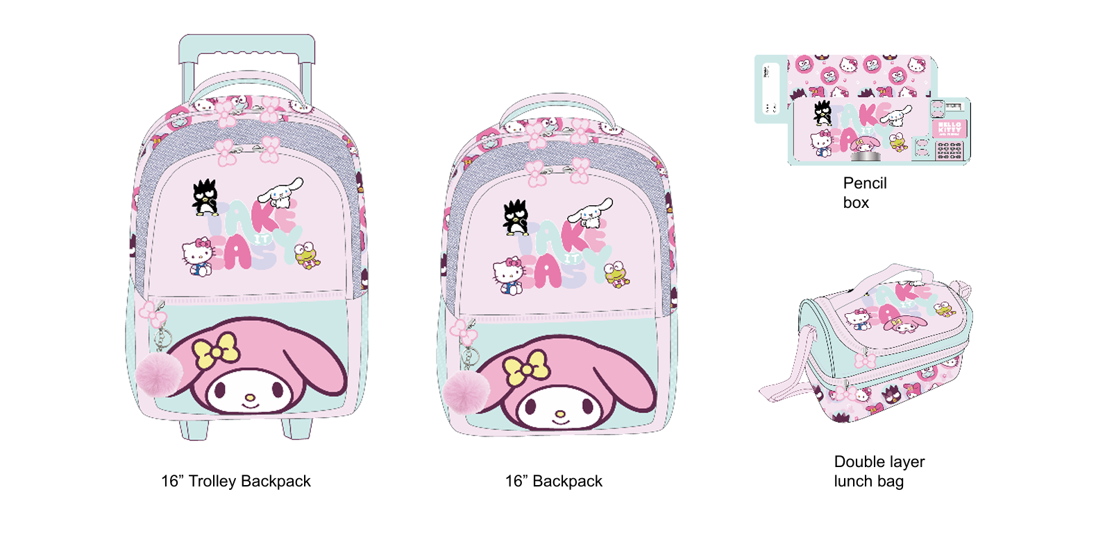 Hello Kitty & My Melody complete set - trolley backpack, backpack, lunch bag, and pencil case