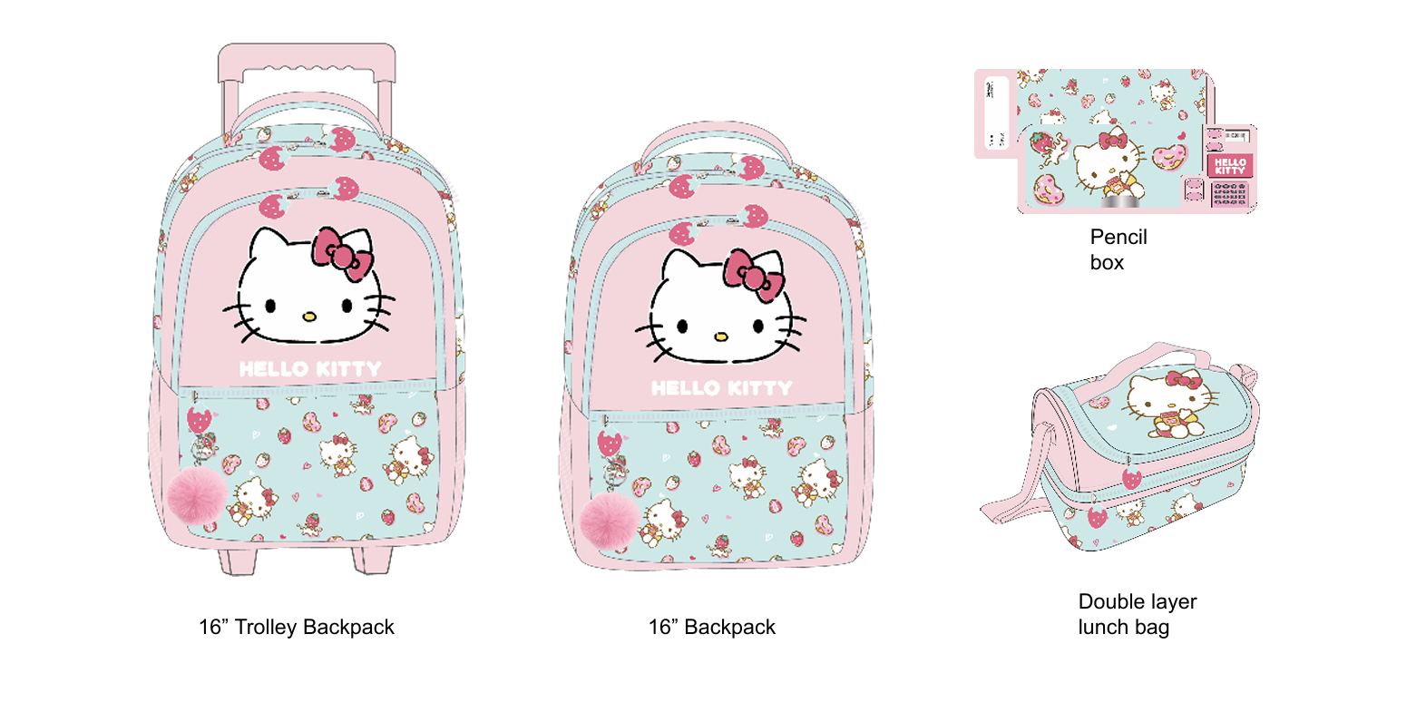 Hello Kitty - Strawberry complete set - trolley backpack, backpack, lunch bag, and pencil case